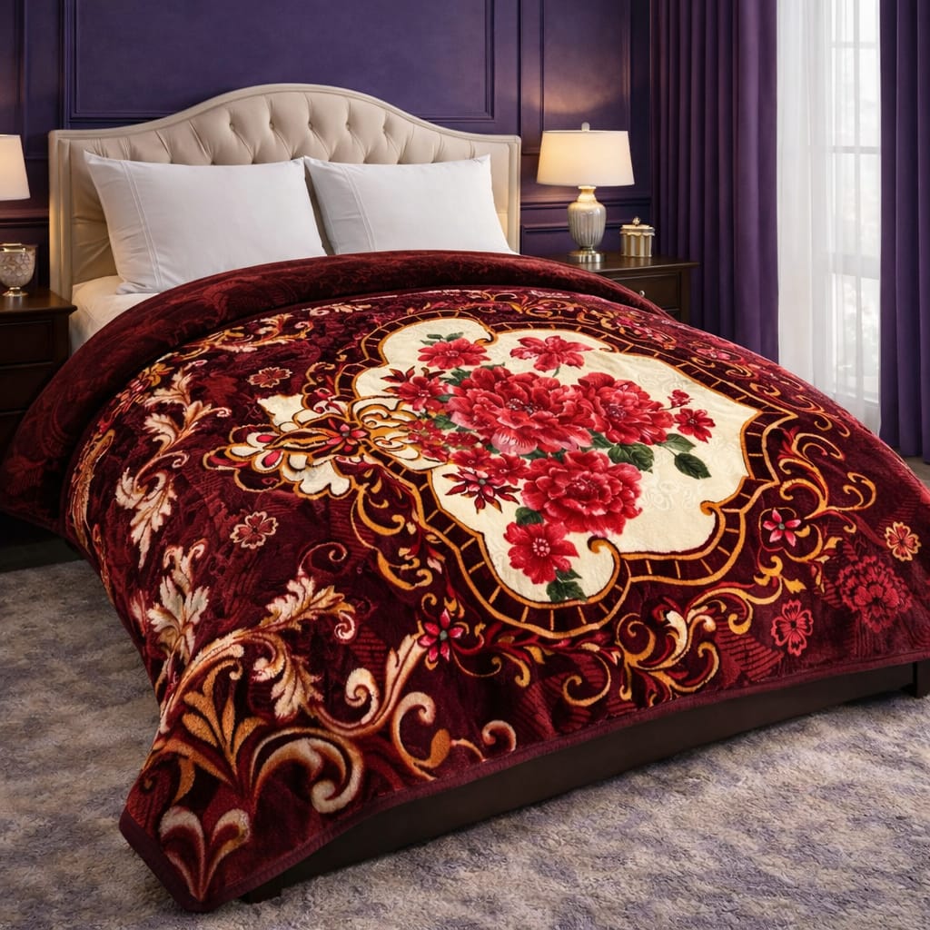 Royal Floral Embossed Velvet Blanket – Deep Maroon