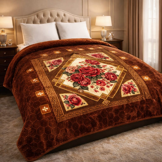 Velvety Floral Blanket With Golden Accents