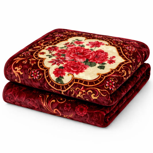 Royal Floral Embossed Velvet Blanket – Deep Maroon